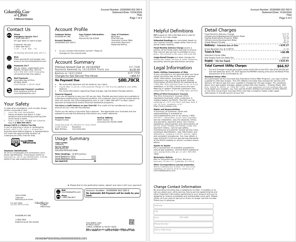 USA COLUMBIA GAS OF OHIO business utility bill Word and PDF template PSD template